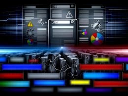 Illustration einer modernen, eleganten Website mit sichtbaren Fundamentrissen, digitalen Termiten und zahlreichen Fehlermeldungen, während eine stilisierte Google-Suchmaschine alles überwacht.