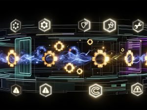 Futuristisch gestaltetes Interface mit goldenen First-Party-Cookies im Zentrum, verbundenen Datenströmen, Consent-Banner, Tag-Managern, Server-Side-Komponenten sowie Browser-Symbolen mit Schutzschilden zum Schutz vor Third-Party-Cookies und dezenten DSGVO-Motiven.