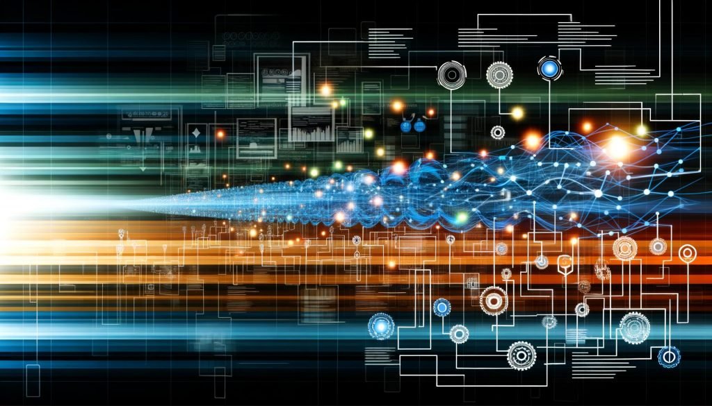 Illustration einer modernen Datenpipeline mit leuchtenden Linien, Diagrammen und technischen Designelementen in Blau, Cyan und Orange.