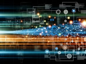Illustration einer modernen Datenpipeline mit leuchtenden Linien, Diagrammen und technischen Designelementen in Blau, Cyan und Orange.