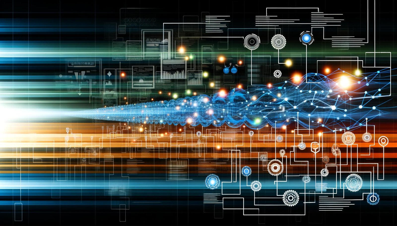 Illustration einer modernen Datenpipeline mit leuchtenden Linien, Diagrammen und technischen Designelementen in Blau, Cyan und Orange.