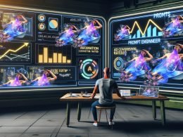 Futuristischer digitaler Workspace mit KI-generierten Werbekreatives, einem menschlichen Prompt Engineer sowie animierten Performance-Charts und Outbrain-, GPT-Logos.