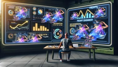 Futuristischer digitaler Workspace mit KI-generierten Werbekreatives, einem menschlichen Prompt Engineer sowie animierten Performance-Charts und Outbrain-, GPT-Logos.
