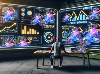 Futuristischer digitaler Workspace mit KI-generierten Werbekreatives, einem menschlichen Prompt Engineer sowie animierten Performance-Charts und Outbrain-, GPT-Logos.