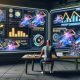 Futuristischer digitaler Workspace mit KI-generierten Werbekreatives, einem menschlichen Prompt Engineer sowie animierten Performance-Charts und Outbrain-, GPT-Logos.