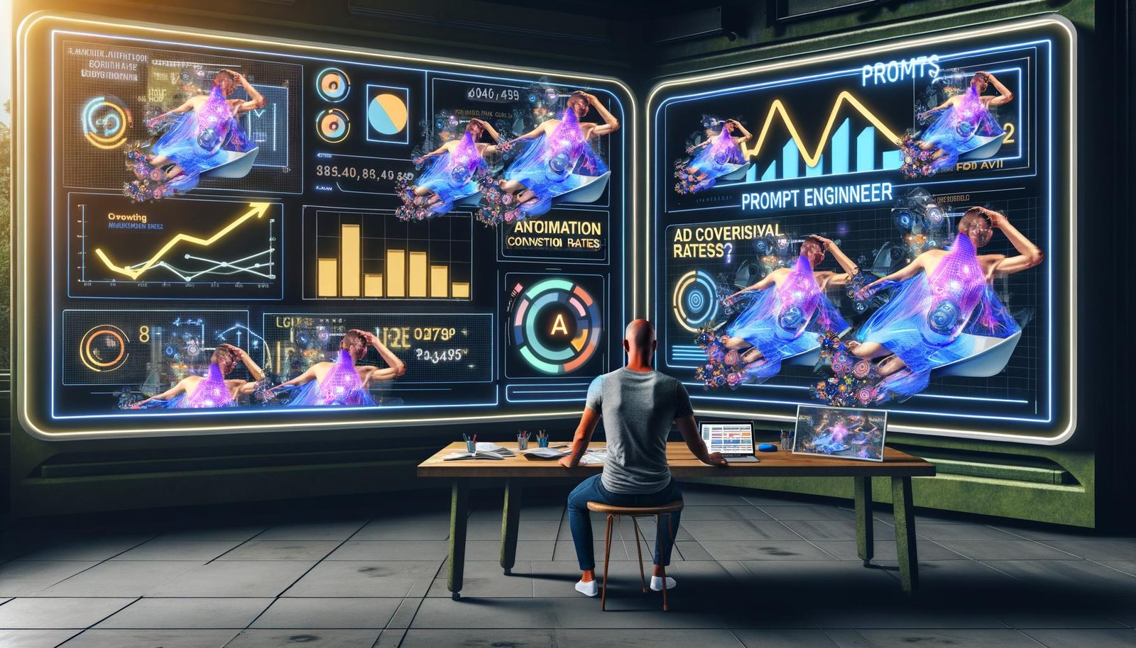Futuristischer digitaler Workspace mit KI-generierten Werbekreatives, einem menschlichen Prompt Engineer sowie animierten Performance-Charts und Outbrain-, GPT-Logos.
