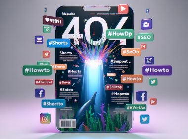 Smartphone im Hochformat mit viralem Shorts-Content, leuchtenden Social-Media-Logos, Play-Buttons, Analytics-Grafen und Hashtags; umgeben von einem angedeuteten Haifischbecken, energiegeladen und urban gestaltet.