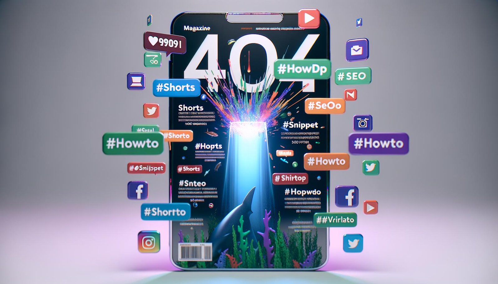 Smartphone im Hochformat mit viralem Shorts-Content, leuchtenden Social-Media-Logos, Play-Buttons, Analytics-Grafen und Hashtags; umgeben von einem angedeuteten Haifischbecken, energiegeladen und urban gestaltet.