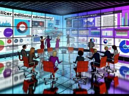 Moderner, digitaler PR-Arbeitsplatz mit Team, das an Smartboards Strategien entwickelt und Echtzeit-Daten analysiert.