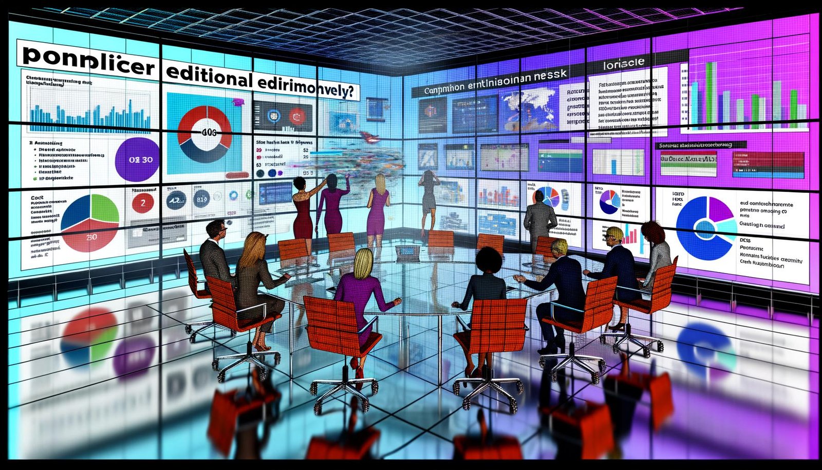 Moderner, digitaler PR-Arbeitsplatz mit Team, das an Smartboards Strategien entwickelt und Echtzeit-Daten analysiert.