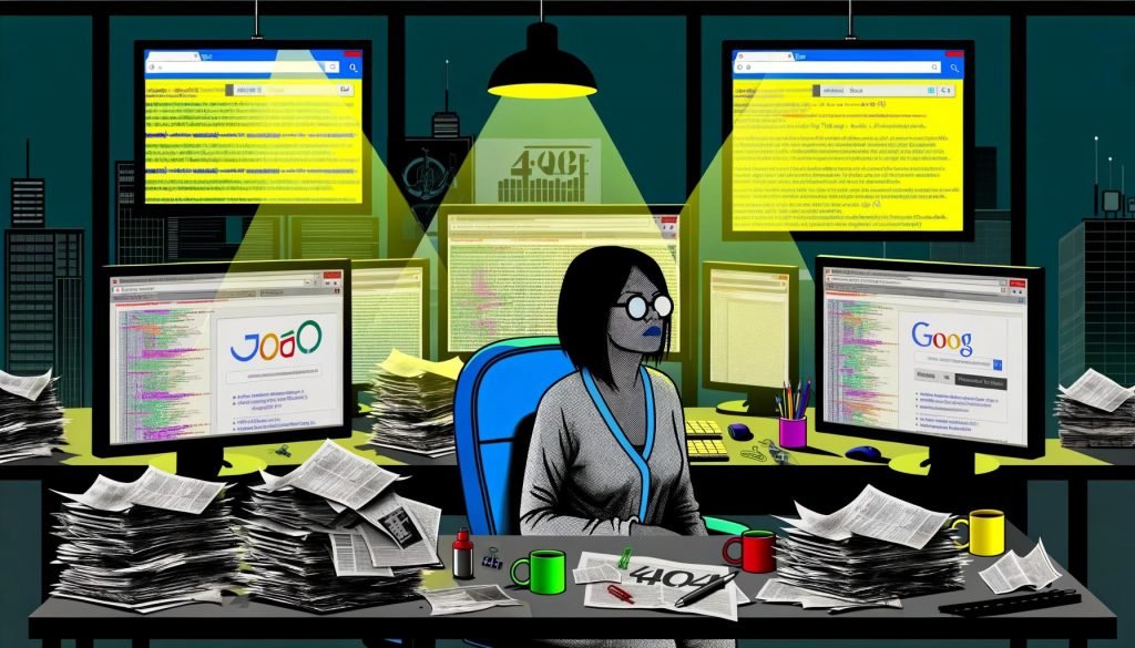Erschöpfter Content Creator an chaotischem Schreibtisch, umgeben von Monitoren mit Code, Analysen und SEO-Tools, in moderner Büroatmosphäre bei Dämmerung.