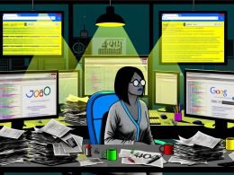 Erschöpfter Content Creator an chaotischem Schreibtisch, umgeben von Monitoren mit Code, Analysen und SEO-Tools, in moderner Büroatmosphäre bei Dämmerung.
