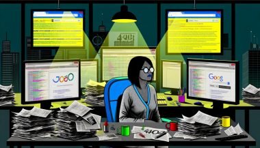 Erschöpfter Content Creator an chaotischem Schreibtisch, umgeben von Monitoren mit Code, Analysen und SEO-Tools, in moderner Büroatmosphäre bei Dämmerung.