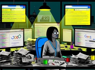 Erschöpfter Content Creator an chaotischem Schreibtisch, umgeben von Monitoren mit Code, Analysen und SEO-Tools, in moderner Büroatmosphäre bei Dämmerung.