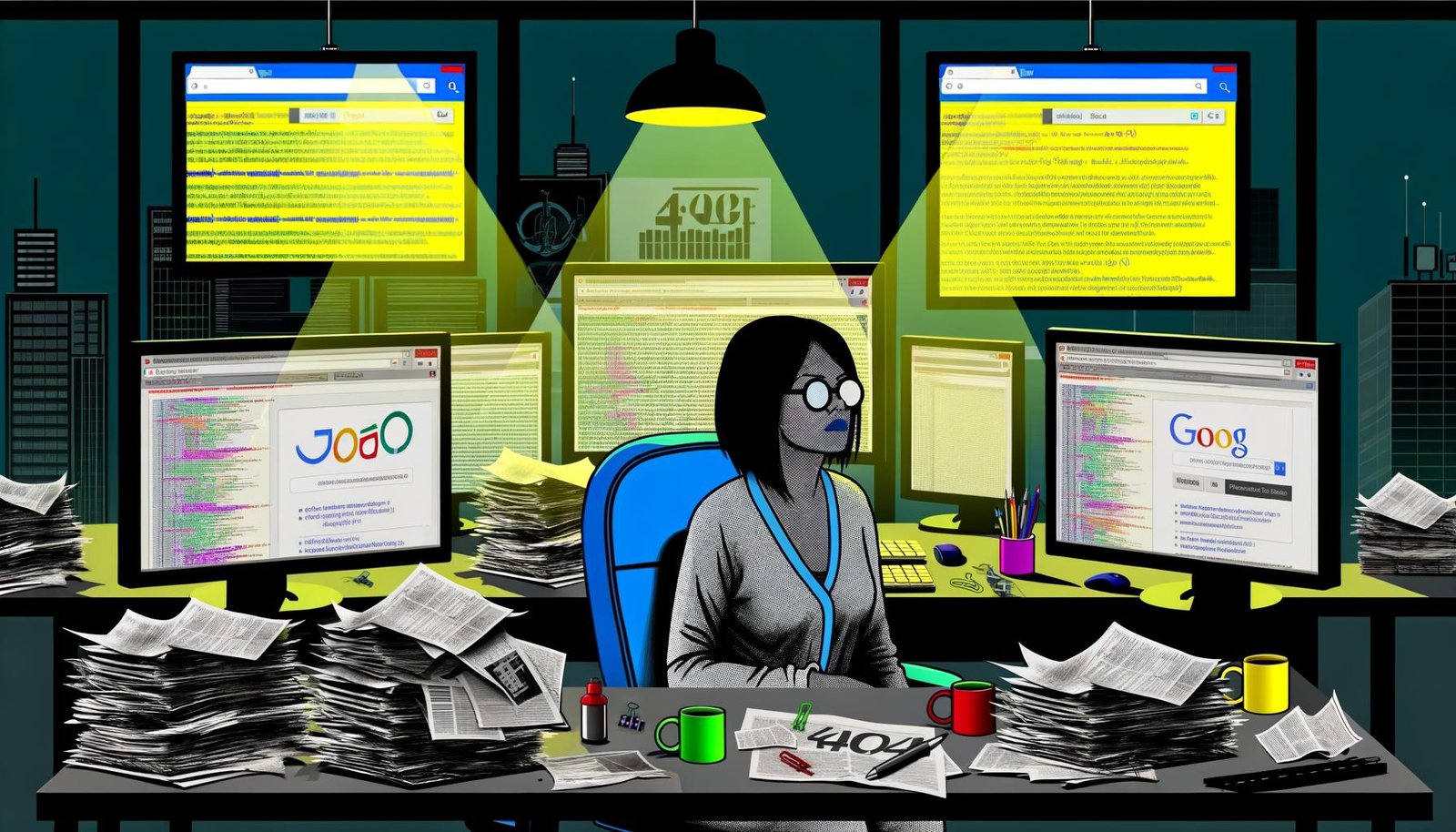 Erschöpfter Content Creator an chaotischem Schreibtisch, umgeben von Monitoren mit Code, Analysen und SEO-Tools, in moderner Büroatmosphäre bei Dämmerung.
