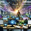 Dynamisch-chaotisches Großraumbüro mit leuchtenden Datenströmen, vielen Bildschirmen und einer konzentrierten Person, die Klarheit ins Chaos bringt.