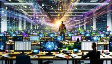Dynamisch-chaotisches Großraumbüro mit leuchtenden Datenströmen, vielen Bildschirmen und einer konzentrierten Person, die Klarheit ins Chaos bringt.
