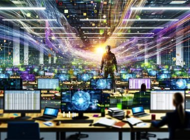 Dynamisch-chaotisches Großraumbüro mit leuchtenden Datenströmen, vielen Bildschirmen und einer konzentrierten Person, die Klarheit ins Chaos bringt.