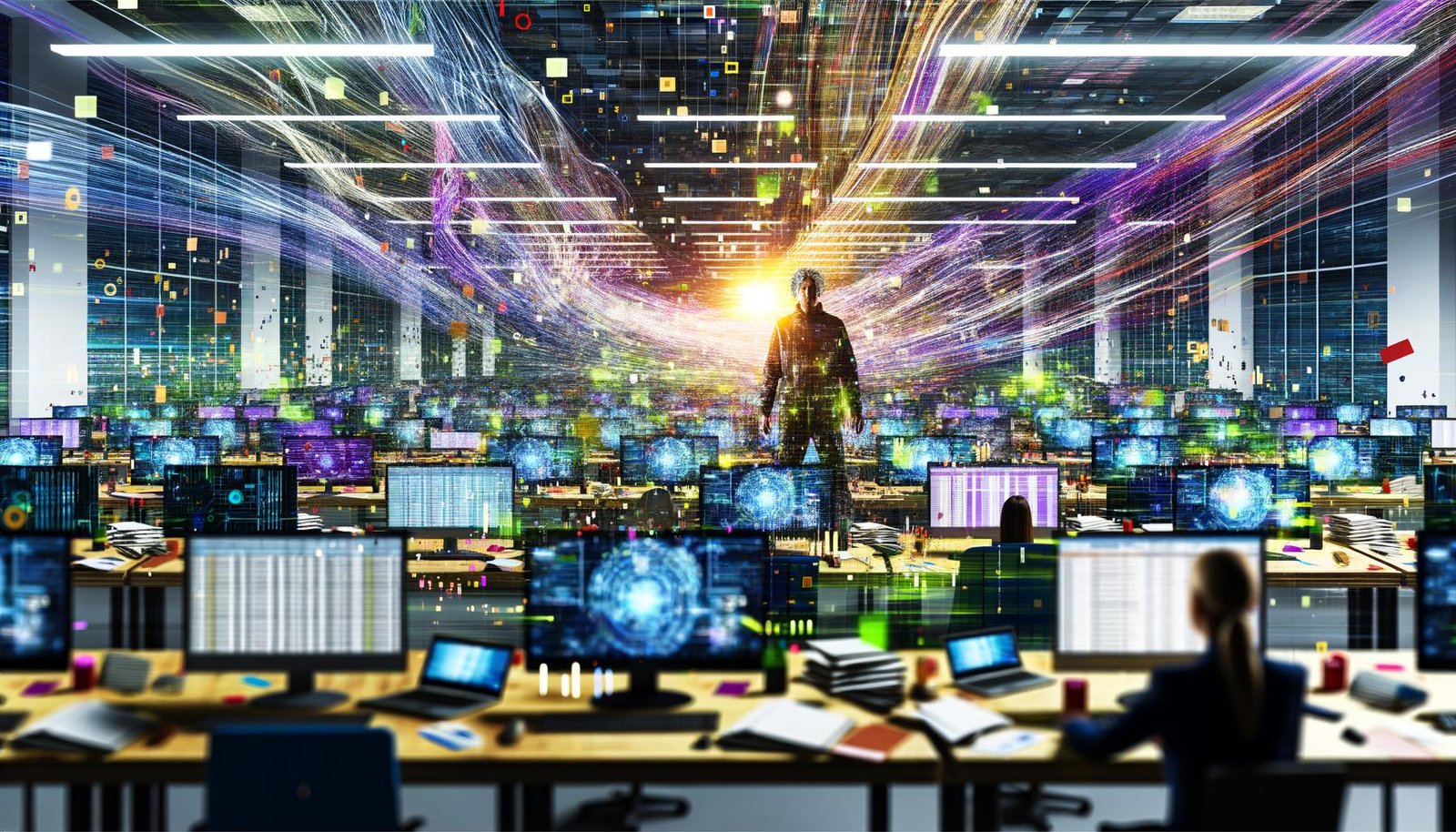 Dynamisch-chaotisches Großraumbüro mit leuchtenden Datenströmen, vielen Bildschirmen und einer konzentrierten Person, die Klarheit ins Chaos bringt.