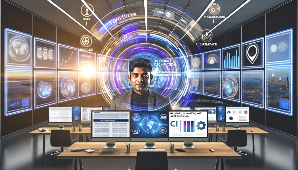 Marketer an moderner Workstation mit Outbrain-Oberfläche, KPI-Diagrammen, geöffnetem GPT-Chat und schwebenden holografischen Anzeigen im Hightech-Büro.