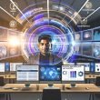 Marketer an moderner Workstation mit Outbrain-Oberfläche, KPI-Diagrammen, geöffnetem GPT-Chat und schwebenden holografischen Anzeigen im Hightech-Büro.