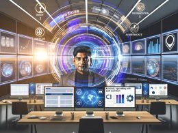Marketer an moderner Workstation mit Outbrain-Oberfläche, KPI-Diagrammen, geöffnetem GPT-Chat und schwebenden holografischen Anzeigen im Hightech-Büro.