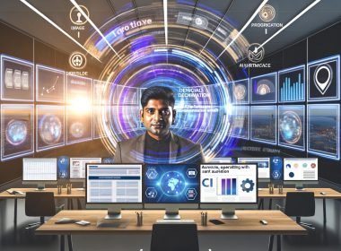 Marketer an moderner Workstation mit Outbrain-Oberfläche, KPI-Diagrammen, geöffnetem GPT-Chat und schwebenden holografischen Anzeigen im Hightech-Büro.