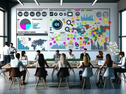 Junge Kommunikationsprofis diskutieren vor einem PR-Dashboard mit farbigen Diagrammen und Strategiedokumenten in einem modernen Büro