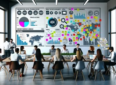 Junge Kommunikationsprofis diskutieren vor einem PR-Dashboard mit farbigen Diagrammen und Strategiedokumenten in einem modernen Büro
