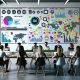 Junge Kommunikationsprofis diskutieren vor einem PR-Dashboard mit farbigen Diagrammen und Strategiedokumenten in einem modernen Büro