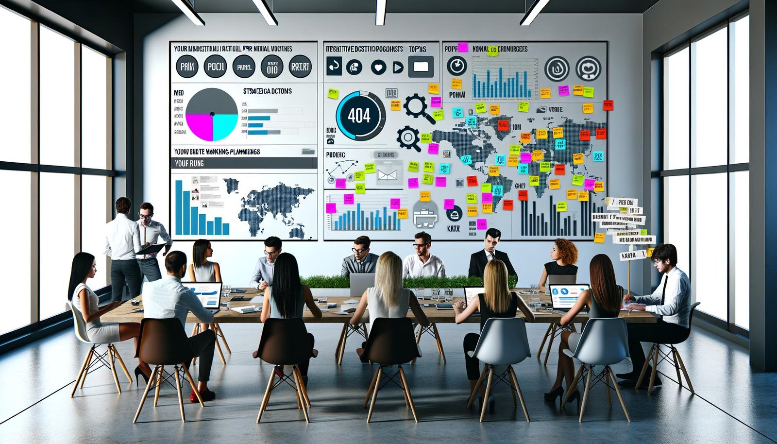 Junge Kommunikationsprofis diskutieren vor einem PR-Dashboard mit farbigen Diagrammen und Strategiedokumenten in einem modernen Büro