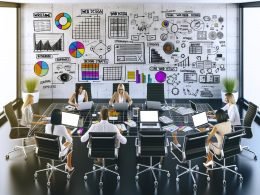 Modernes Büro mit kreativem Team, das Wireframes, SEO-Reports und Webdesign-Layouts am großen Tisch bespricht. Laptops zeigen bunte Entwürfe und Analyse-Tools, während ein Whiteboard Skizzen und Diagramme zur Verbindung von Design und SEO präsentiert.