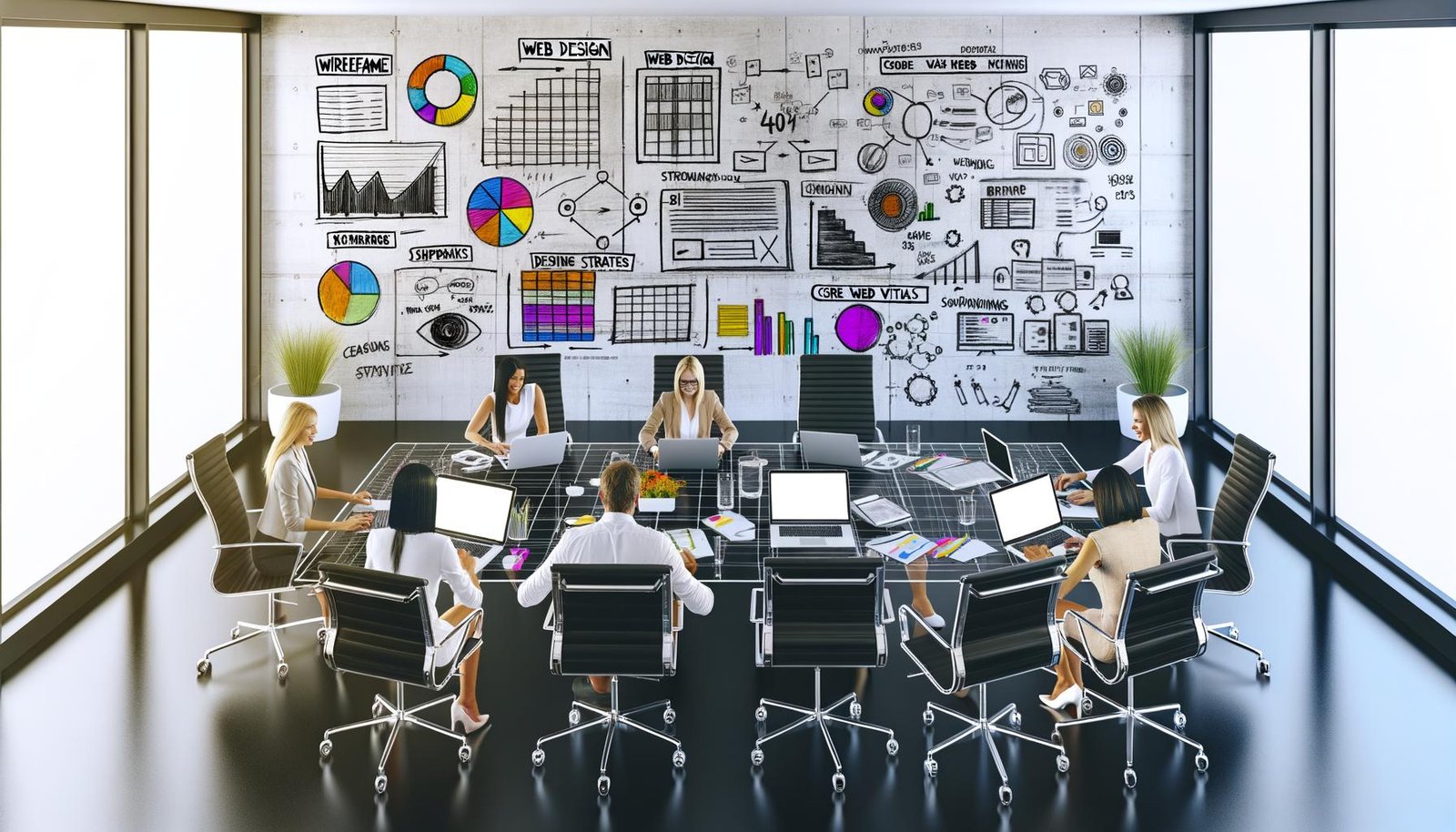 Modernes Büro mit kreativem Team, das Wireframes, SEO-Reports und Webdesign-Layouts am großen Tisch bespricht. Laptops zeigen bunte Entwürfe und Analyse-Tools, während ein Whiteboard Skizzen und Diagramme zur Verbindung von Design und SEO präsentiert.