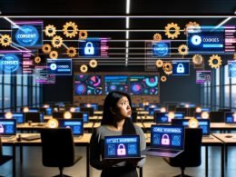 Marketer in modernem Großraumbüro blickt kritisch auf Datenschutz-Banner vor Monitoren mit Dashboards und digitalen Bedrohungssymbolen im Jahr 2025.