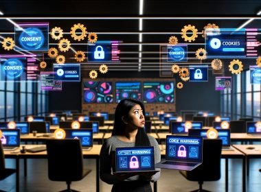 Marketer in modernem Großraumbüro blickt kritisch auf Datenschutz-Banner vor Monitoren mit Dashboards und digitalen Bedrohungssymbolen im Jahr 2025.
