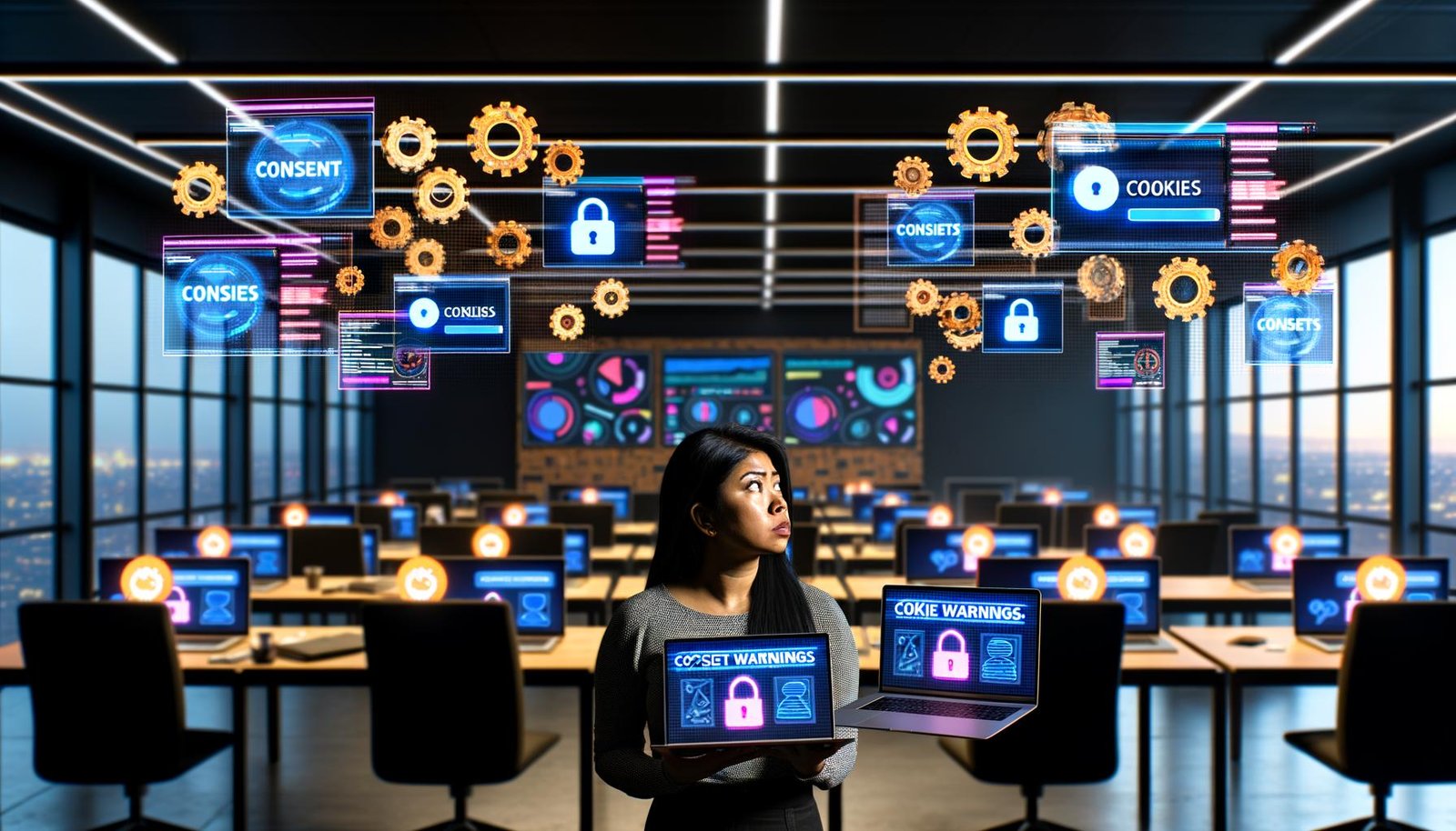 Marketer in modernem Großraumbüro blickt kritisch auf Datenschutz-Banner vor Monitoren mit Dashboards und digitalen Bedrohungssymbolen im Jahr 2025.