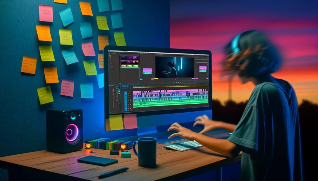 Junger Creator bearbeitet Videos am modernen Arbeitsplatz mit Hochformat-Monitor und buntem Shorts Editor, umgeben von Post-its, Festplatten und einer Countdown-Uhr.