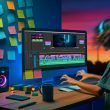 Junger Creator bearbeitet Videos am modernen Arbeitsplatz mit Hochformat-Monitor und buntem Shorts Editor, umgeben von Post-its, Festplatten und einer Countdown-Uhr.