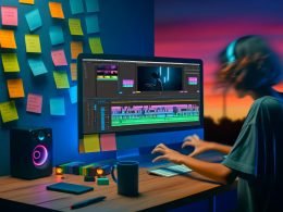 Junger Creator bearbeitet Videos am modernen Arbeitsplatz mit Hochformat-Monitor und buntem Shorts Editor, umgeben von Post-its, Festplatten und einer Countdown-Uhr.