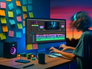Junger Creator bearbeitet Videos am modernen Arbeitsplatz mit Hochformat-Monitor und buntem Shorts Editor, umgeben von Post-its, Festplatten und einer Countdown-Uhr.