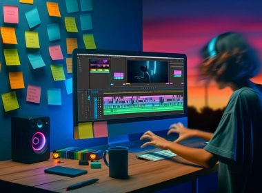 Junger Creator bearbeitet Videos am modernen Arbeitsplatz mit Hochformat-Monitor und buntem Shorts Editor, umgeben von Post-its, Festplatten und einer Countdown-Uhr.