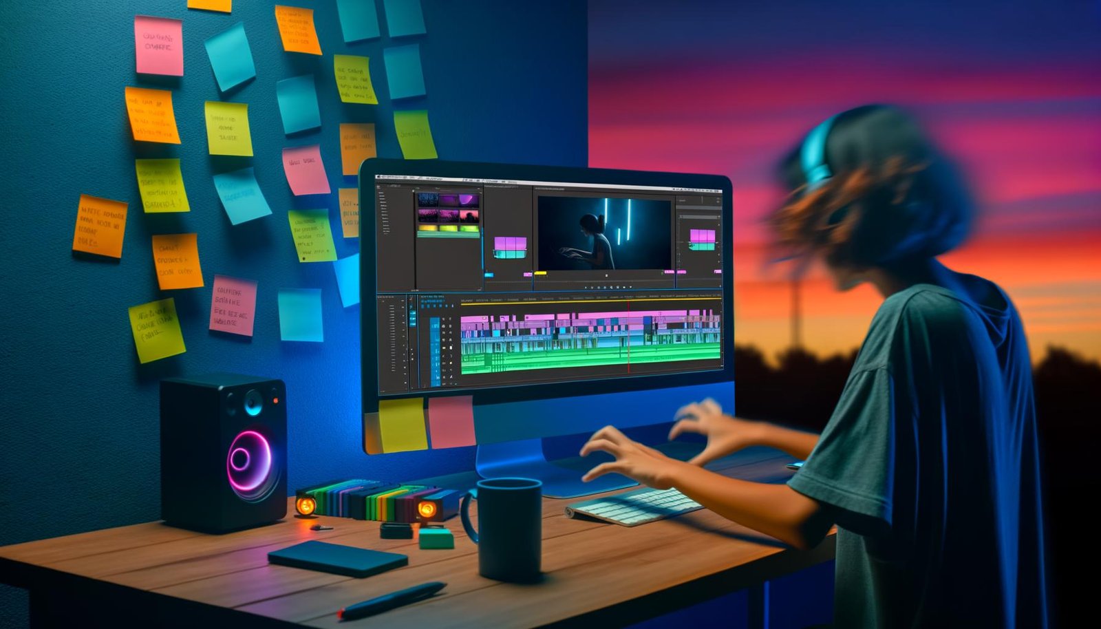 Junger Creator bearbeitet Videos am modernen Arbeitsplatz mit Hochformat-Monitor und buntem Shorts Editor, umgeben von Post-its, Festplatten und einer Countdown-Uhr.