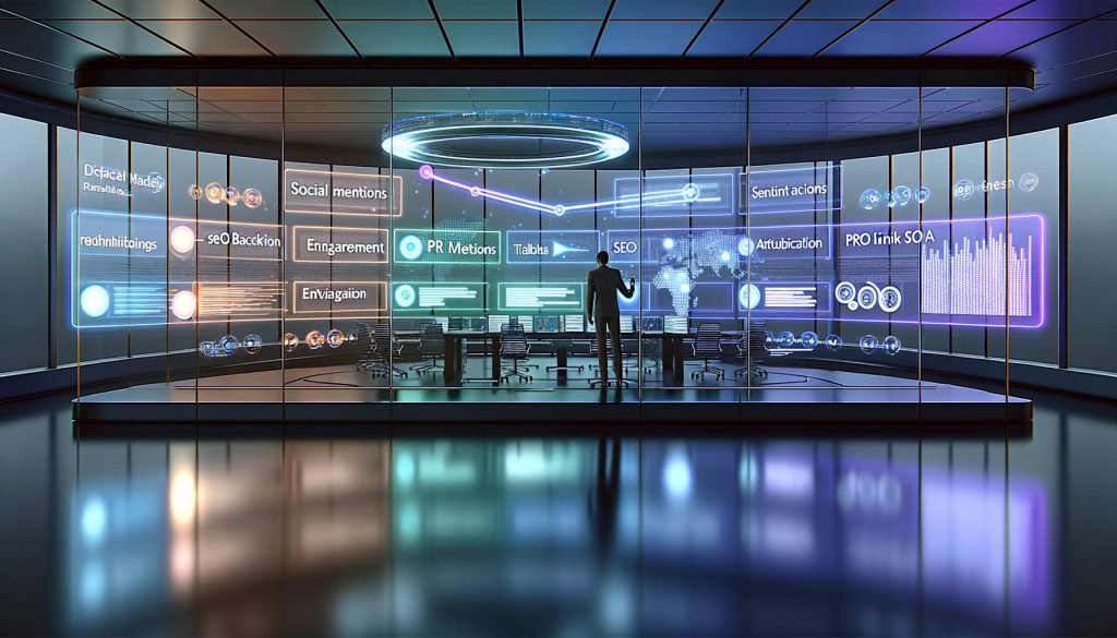 Futuristisches PR-Büro mit großen Bildschirmen, die bunte PR-Analytics und KPIs in Echtzeit anzeigen. PR-Experte analysiert Datenströme mit Metriken und Visualisierungen.