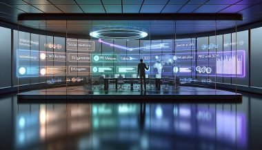 Futuristisches PR-Büro mit großen Bildschirmen, die bunte PR-Analytics und KPIs in Echtzeit anzeigen. PR-Experte analysiert Datenströme mit Metriken und Visualisierungen.