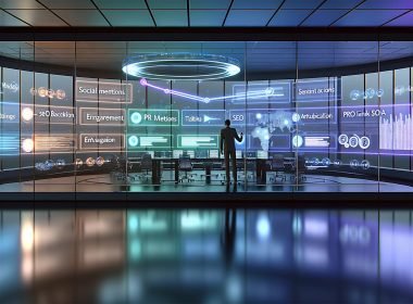 Futuristisches PR-Büro mit großen Bildschirmen, die bunte PR-Analytics und KPIs in Echtzeit anzeigen. PR-Experte analysiert Datenströme mit Metriken und Visualisierungen.