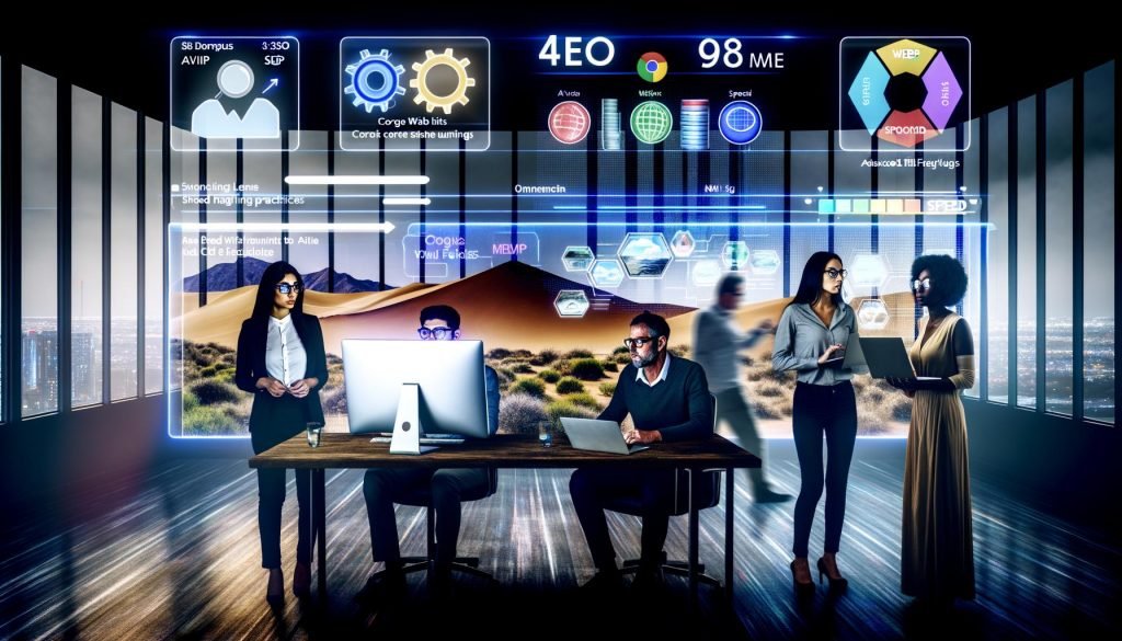 SEO-Team analysiert an einem modernen Arbeitsplatz bunte Bild-Thumbnails, Web-Ranking-Diagramme und Performance-Metriken, umgeben von Google Lens-, Core Web Vitals- und modernen Bildformat-Icons.