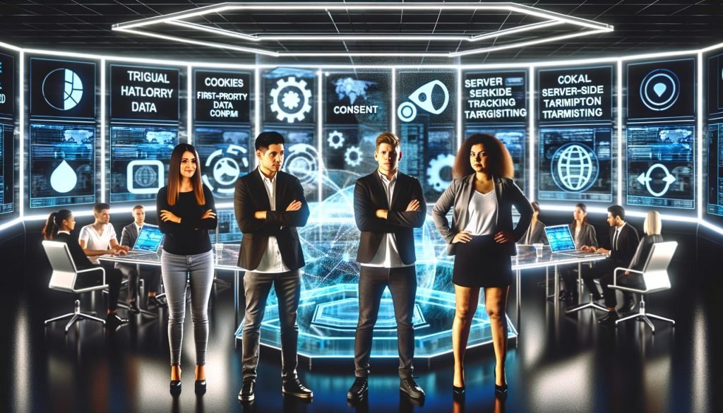 Marketing-Kontrollraum der Zukunft mit digitalen Anzeigen, auf denen Cookies durch Symbole für First-Party-Daten, Zustimmung, serverseitiges Tracking, kontextbezogene Zielgruppenansprache und Datenschutz ersetzt werden. Ein diverses Team steht vor einer energischen Innovationskulisse.
