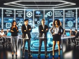 Marketing-Kontrollraum der Zukunft mit digitalen Anzeigen, auf denen Cookies durch Symbole für First-Party-Daten, Zustimmung, serverseitiges Tracking, kontextbezogene Zielgruppenansprache und Datenschutz ersetzt werden. Ein diverses Team steht vor einer energischen Innovationskulisse.