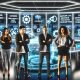 Marketing-Kontrollraum der Zukunft mit digitalen Anzeigen, auf denen Cookies durch Symbole für First-Party-Daten, Zustimmung, serverseitiges Tracking, kontextbezogene Zielgruppenansprache und Datenschutz ersetzt werden. Ein diverses Team steht vor einer energischen Innovationskulisse.