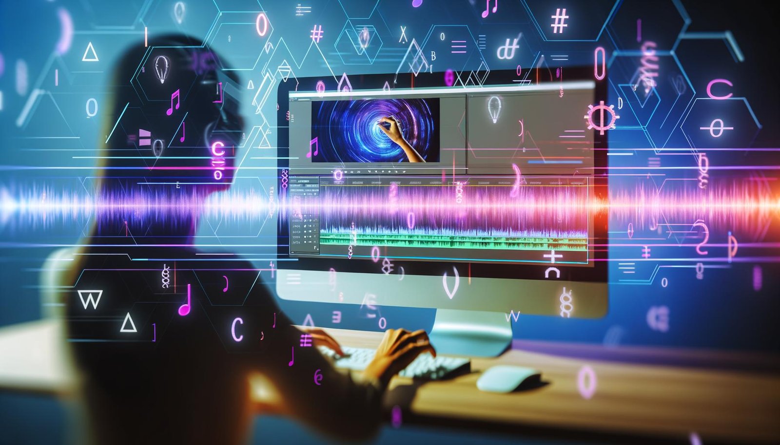 Illustration eines Creators am Computerbildschirm mit geöffnetem Shorts Editor, mehreren Layern und interaktiven Symbolen im Hintergrund.